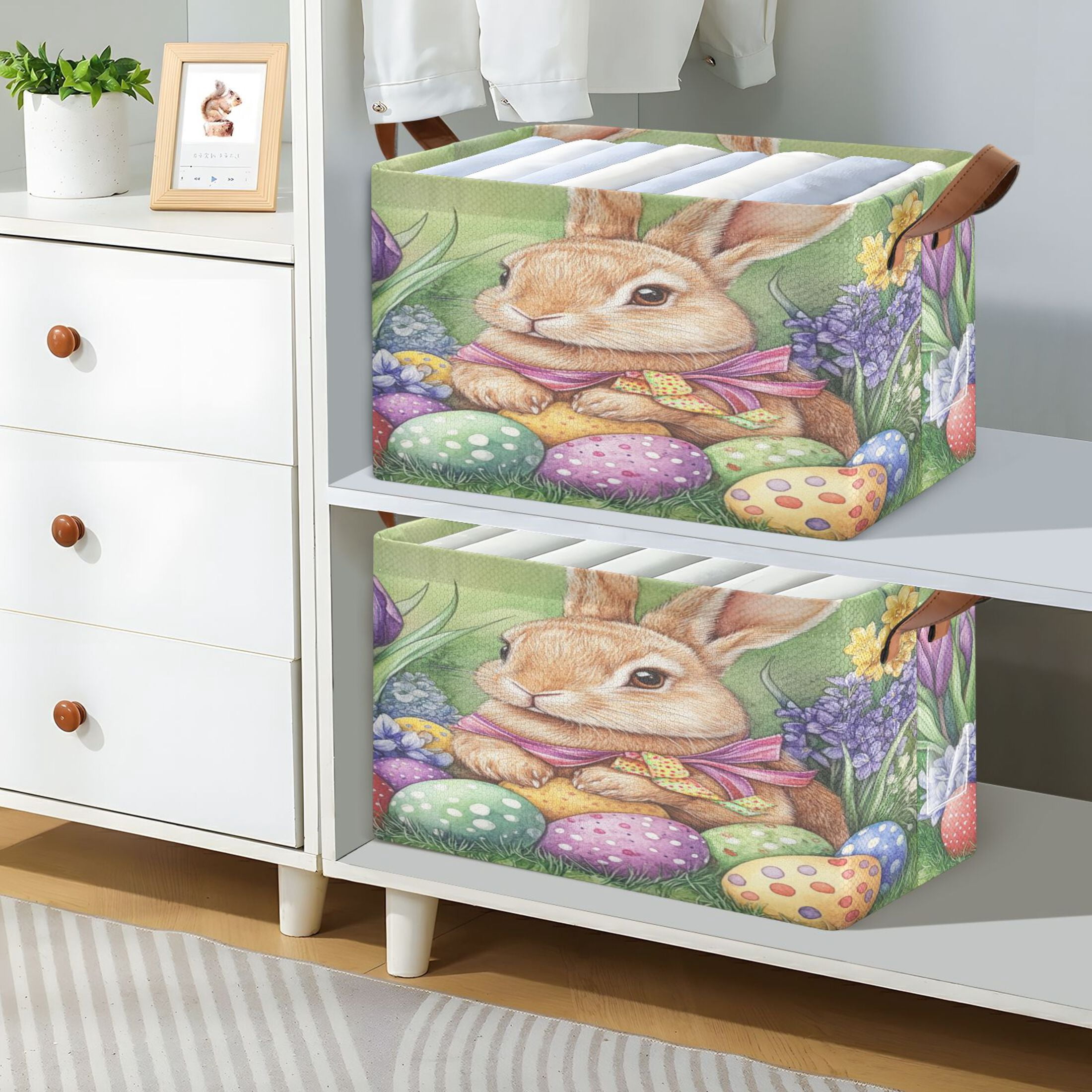 WOBOGO Easter Orange Bunny Storage Basket 16.9×11.4×10in Collapsible Oversized with Metal Iron Frame Set of 1