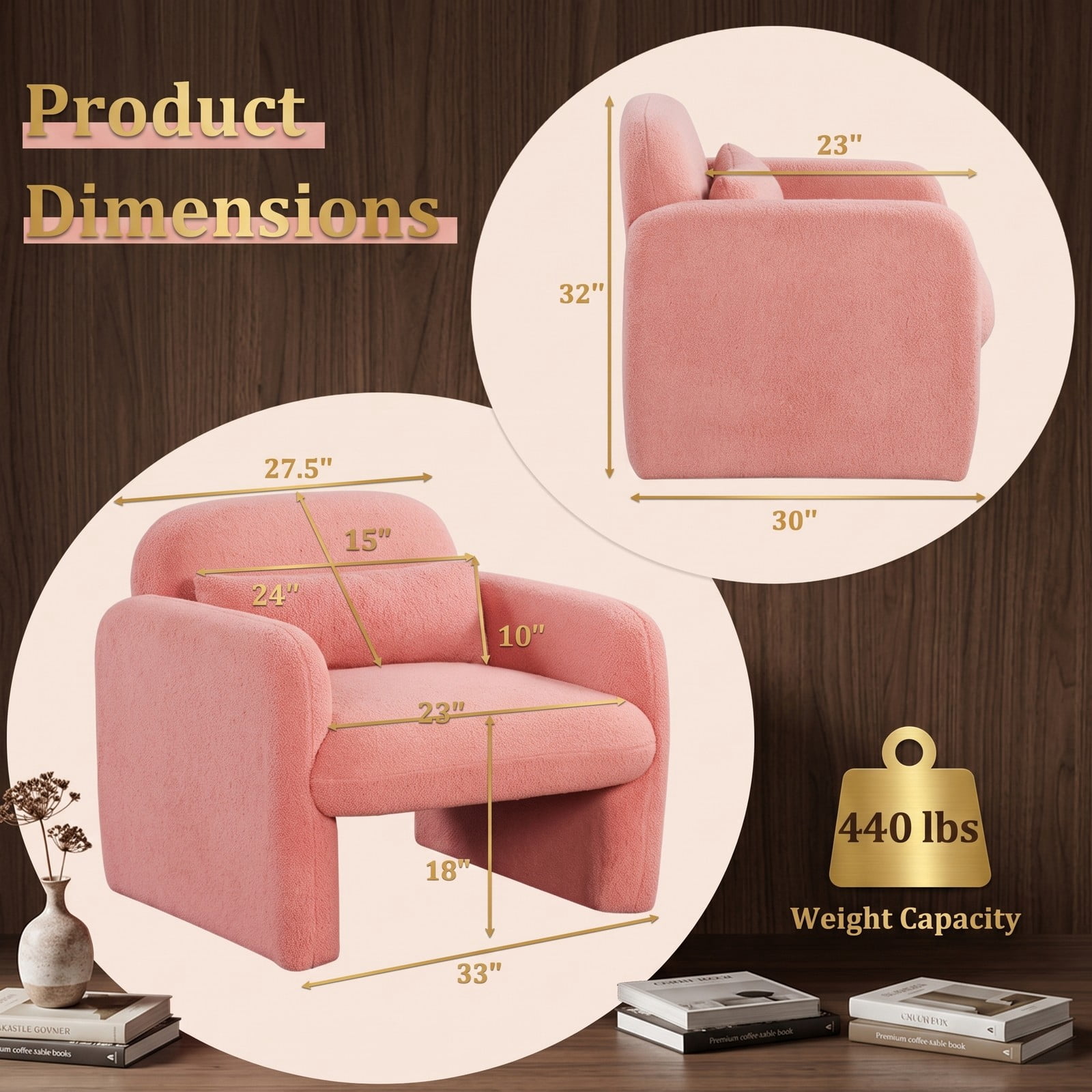 Furnibear Modern Accent Chair with Waist Pillow and Padded Armrests, Soft Sherpa Upholstered Single Sofa Chair for Living Room, Bedroom, Reading Nook, 440 lb, Pink