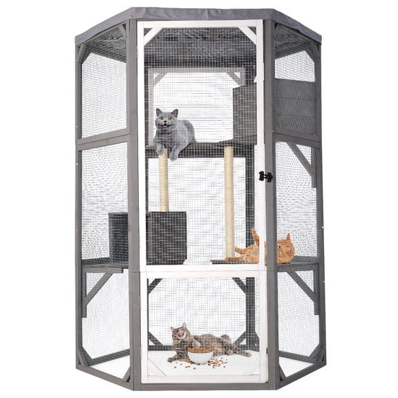 Catio Outdoor Cat Enclosures, Large Wood Cat House, Cat Enclosure Connect to Window with 2 Resting Box, 2 Platforms, 2 Scratching Pole