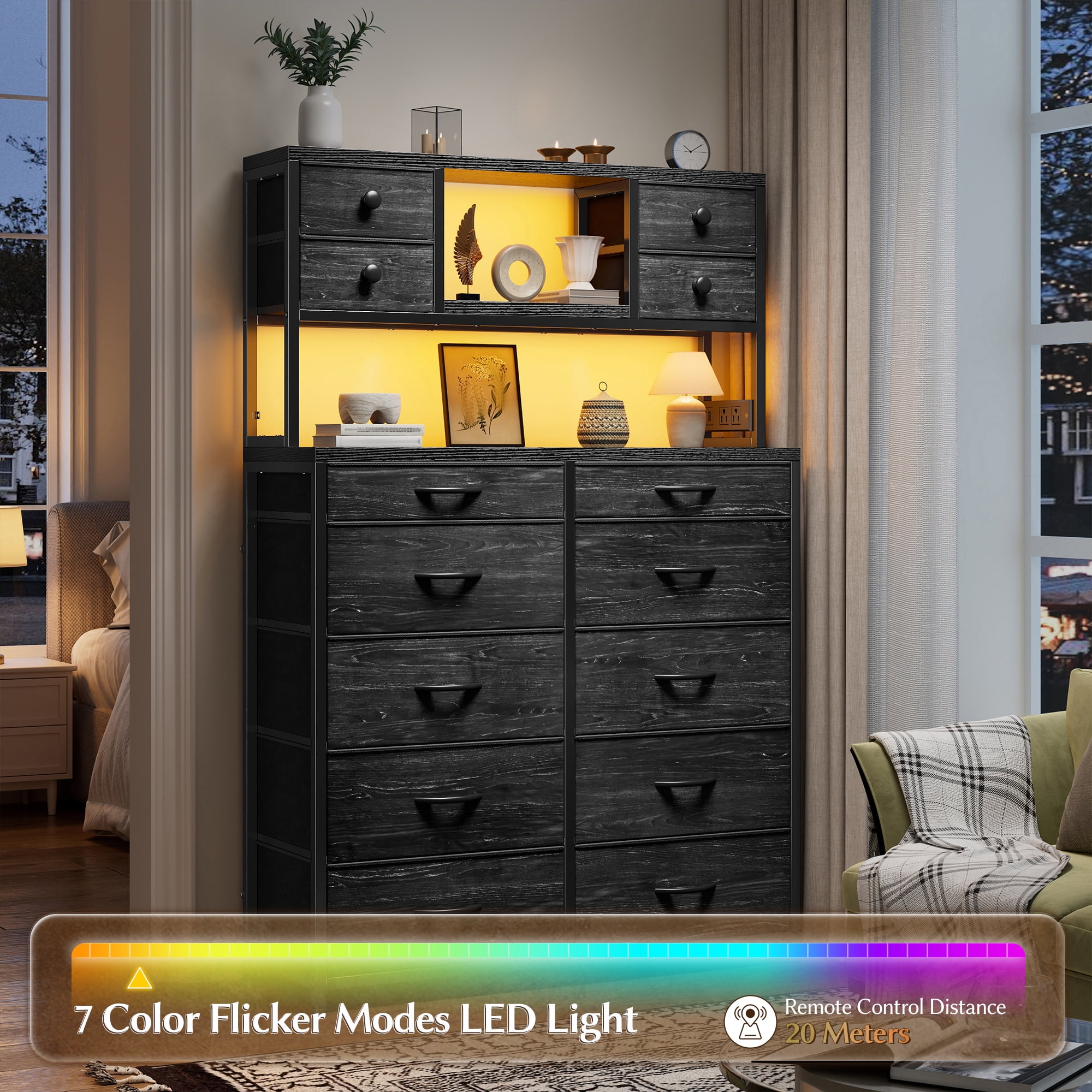 EnHomee Black Tall Dressers for Bedroom with Fabric 14 Drawers Dresser with LED Lights and Charging Station,Chests of Drawers with Open Shelves,,62.8"H*11.8"D*35.4"W