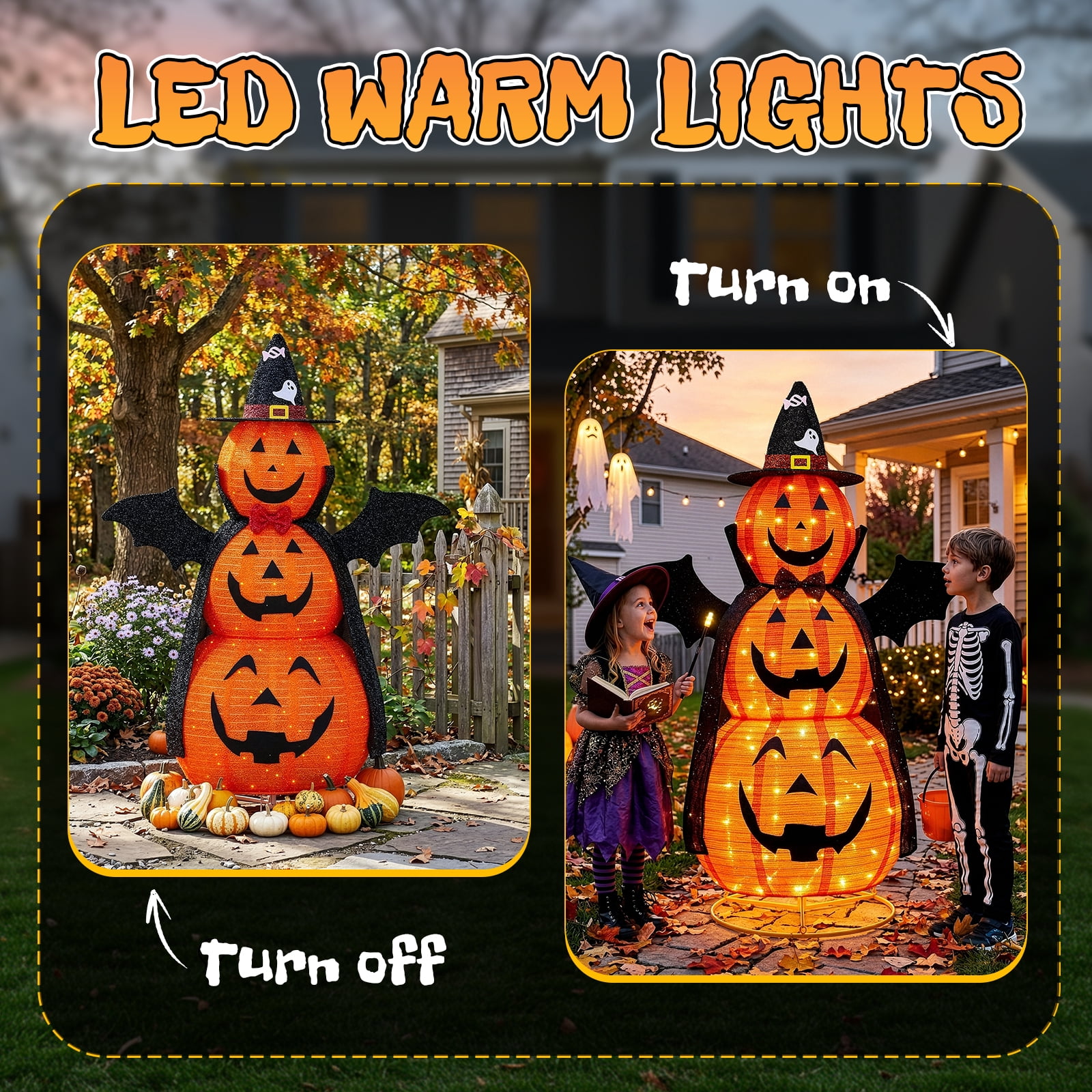 5ft Orange 3-Tier Retractable Fabric Pumpkin with 130 LED Lights for Halloween
