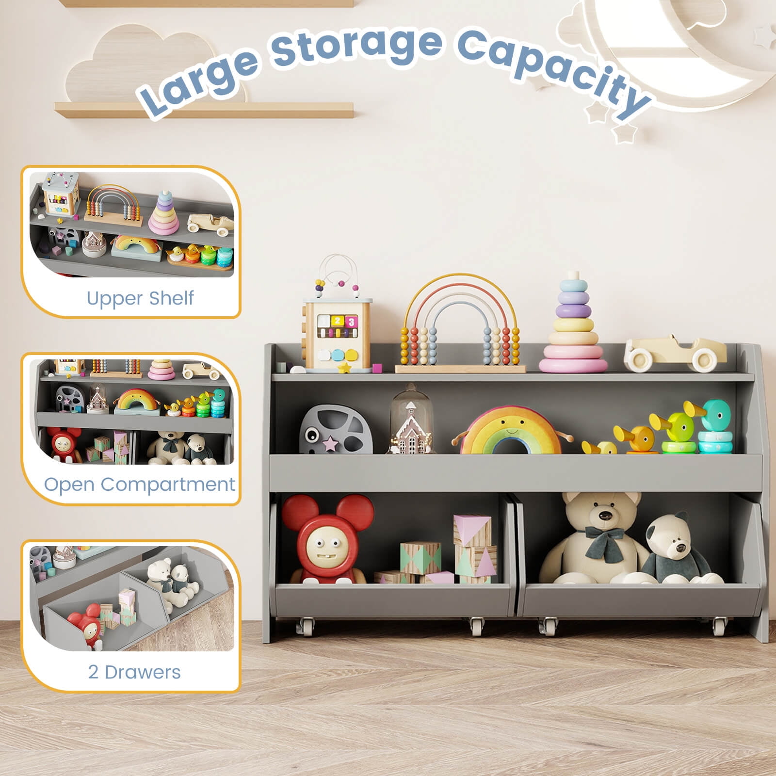 Costway Kids Toy Storage Organizer with 2 Movable Drawers Open Shelf Compartment for Kids Gray
