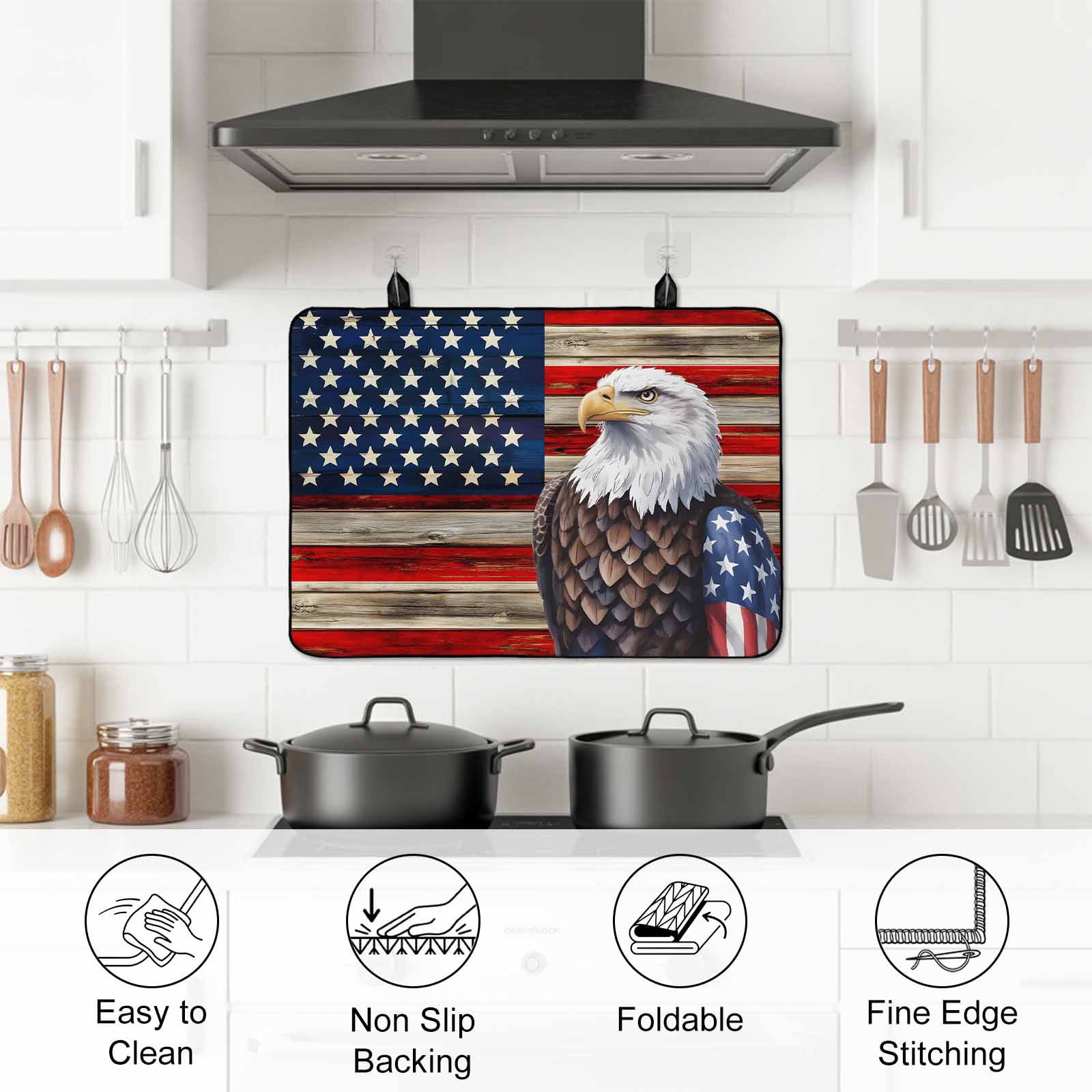 American Flag Stove Top Cover for Electric Stove, Heat-proof & Non Slip Glass Top Stove Cover Protector, Vintage Eagle Blue Red USA Flag Kitchen Flat Cooktop Rubber Mat 24x21 Inches