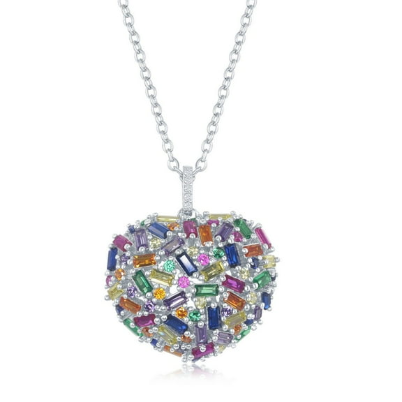 Sterling Silver/Rose Gold Rainbow and White Baguette Cubic Zirconia Solid Puffed Heart 16 2’’ Necklace