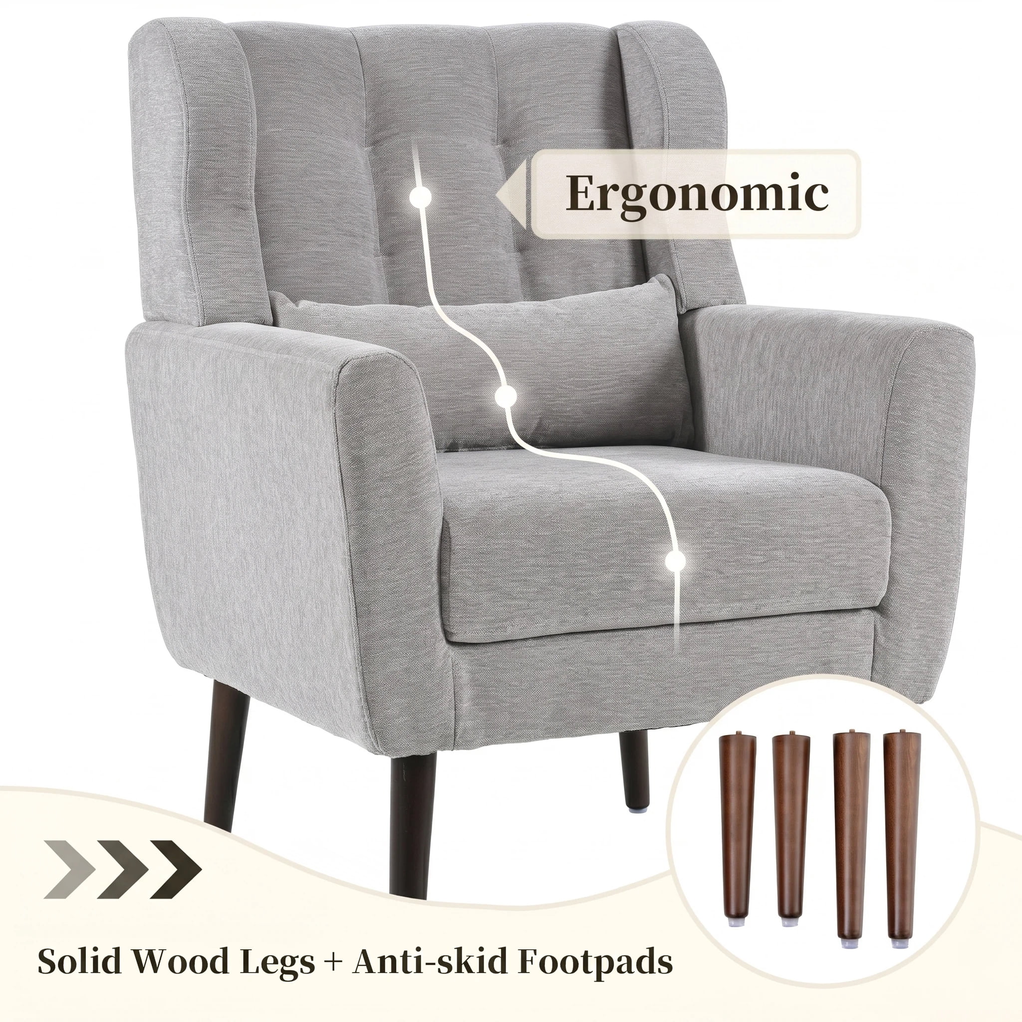 AISWORD Modern Accent Chair, Upholstered Armchair with Pillow, Fabric Single Sofa Chair with Lounge Seat and Wood Legs Accent Chair for Living Room Bedroom Small Spaces, Grey