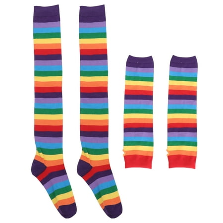 

Rainbow Strips Arm Warmer Leg Stocking Colorful Thigh High Socks Fingerless Gloves Sleeve Set for Women Girls