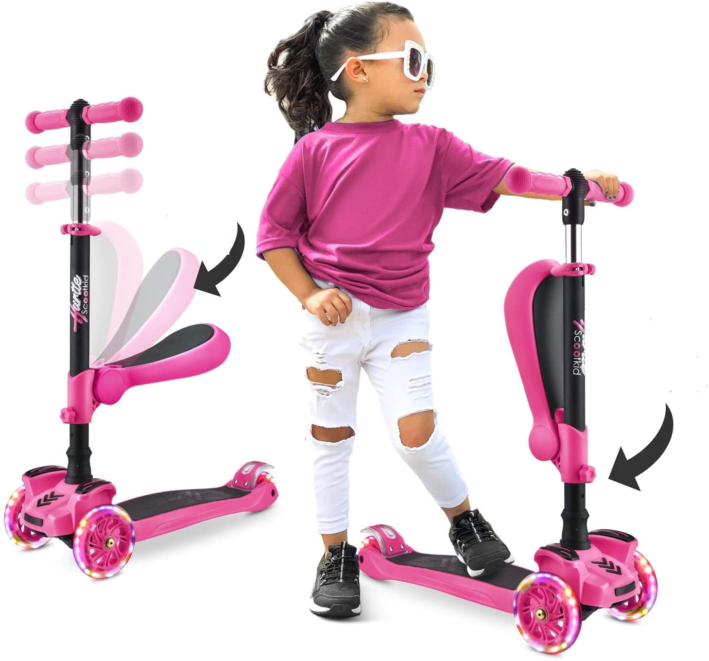 3 Wheel Adjustable LED Kick Scooter Deluxe Height T-bar Glider-Toddler Kids Pink 