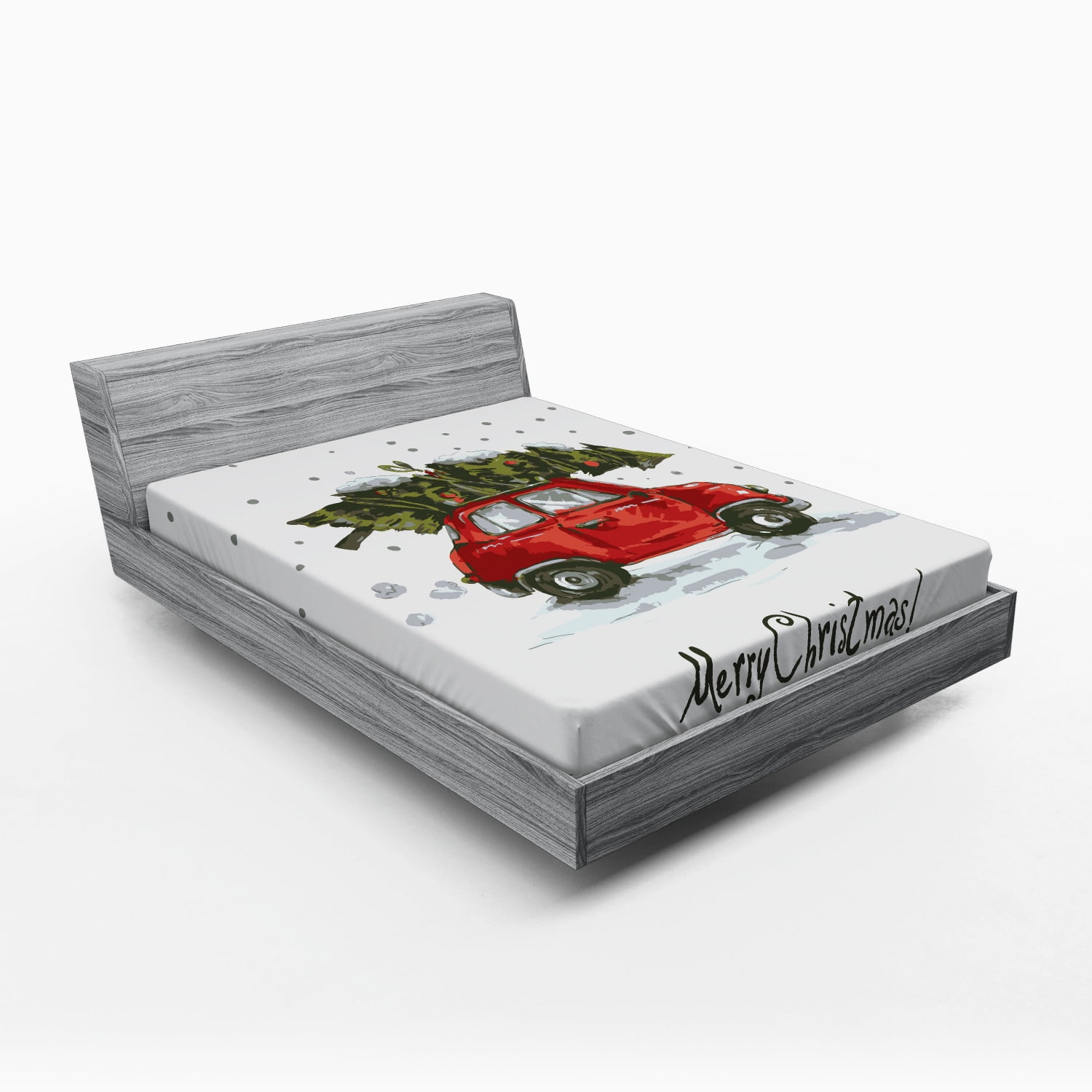 Ambesonne Christmas Duvet Cover Set King Size Red Green Red Retro Style Car Xmas Tree Vintage Family Style Illustration Snowy Winter Art Decorative 3 Piece Bedding Set with 2 Pillow Shams