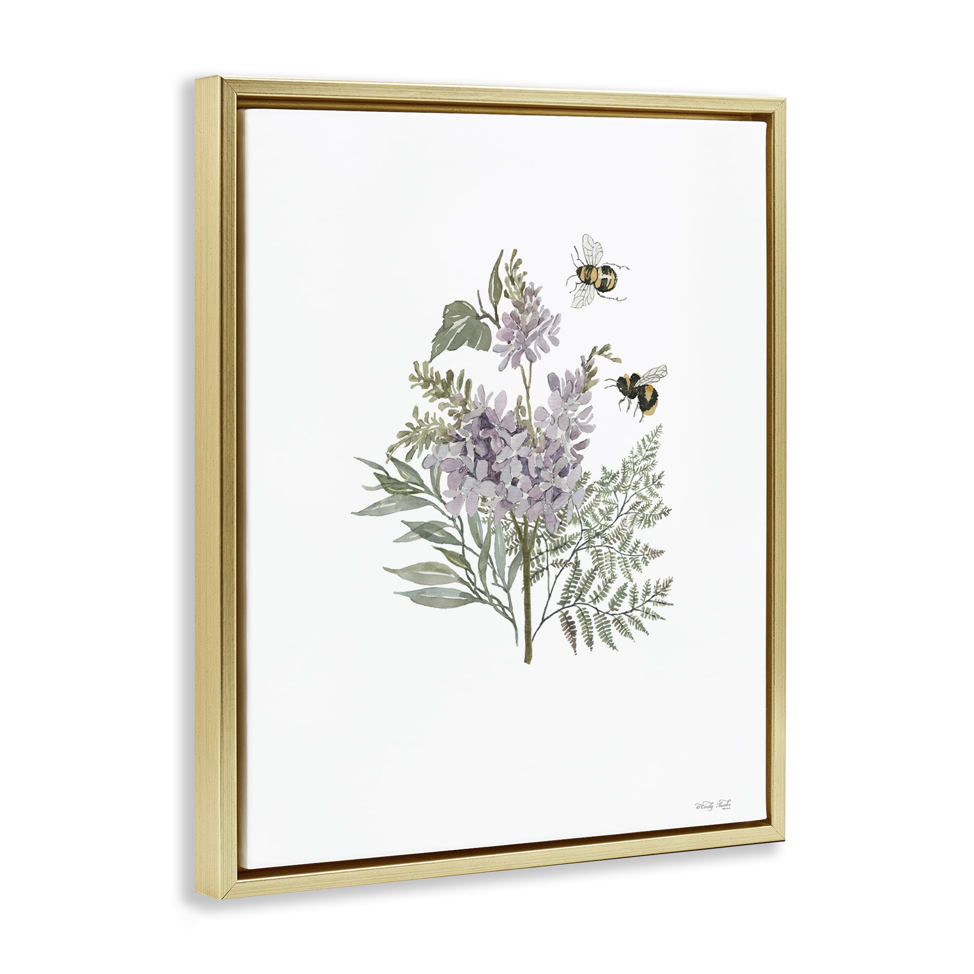 Stupell Industries Lilacs & Bumble Bees Animals & Insects Painting Gold Floater Framed Art Print Wall Art, 17 x 21