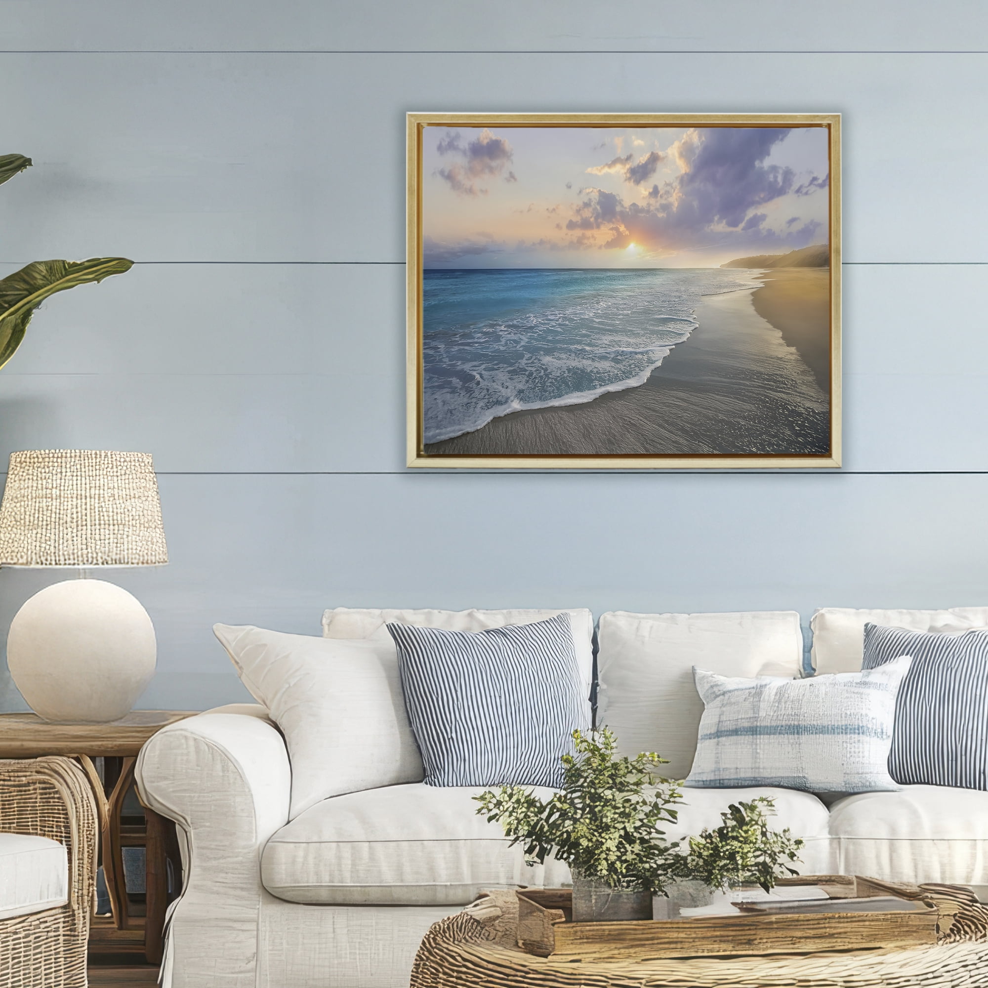 Stupell Industries Sunset over Tranquil Coast Gold Framed Floater Canvas Wall Art, design by Mike Calascibetta