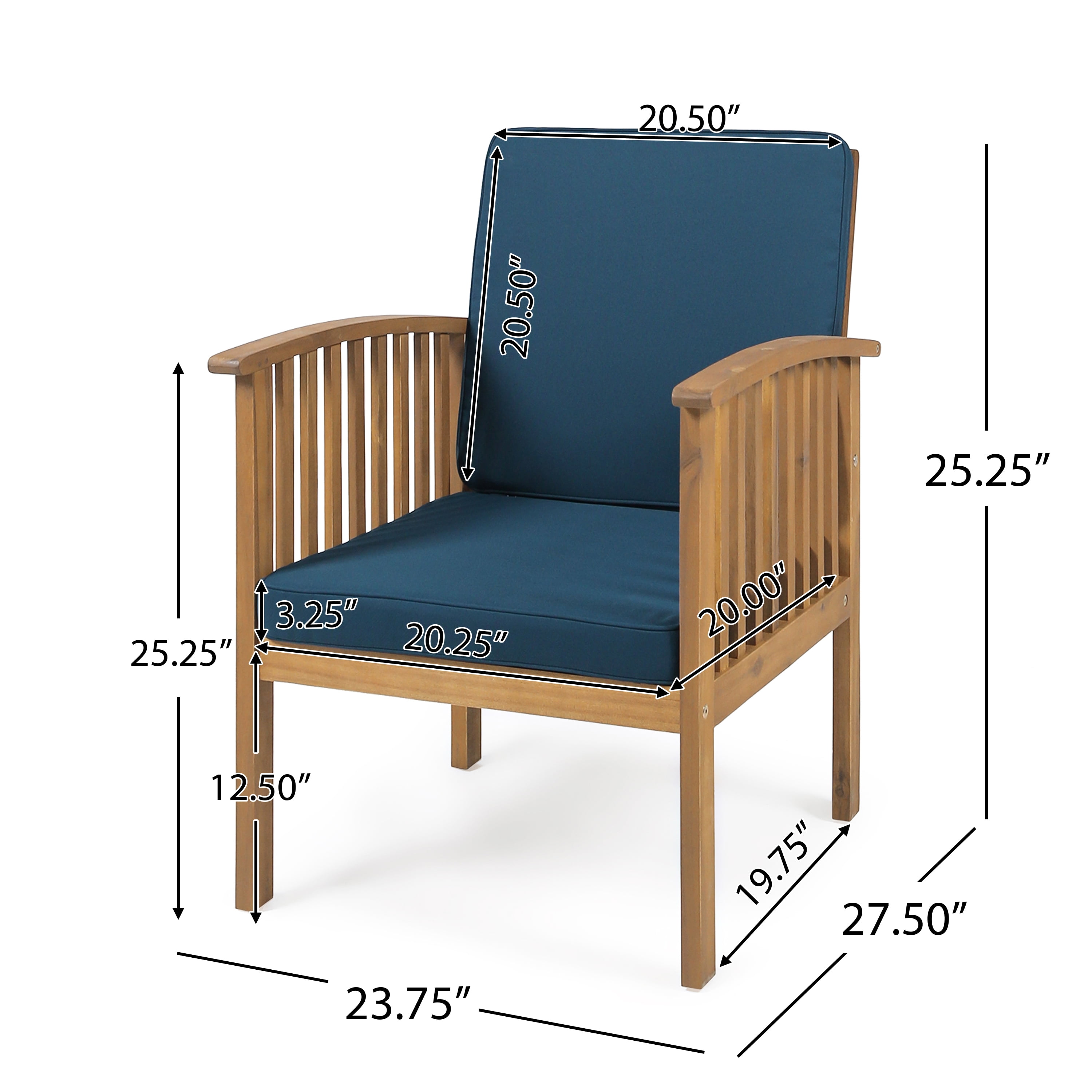 Frederic Outdoor Acacia Wood Club Chairs With Cushions, Set of 4, Brown Patina, Dark Teal