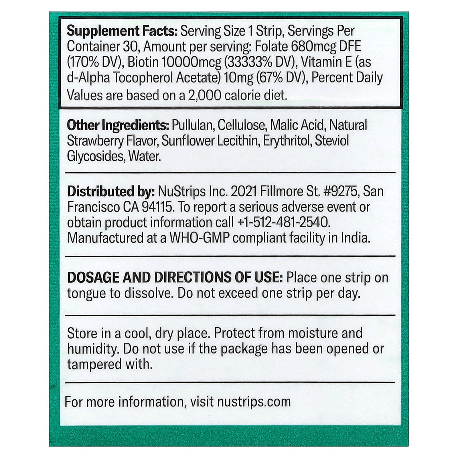 NuStrips Beauty in a Strip™ (30 Ct) - Biotin, Folate and Vitamin E