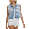 thumbnail image 4 of INSPIRE CHIC Women's Denim Vest Tassel Trim Button Down Sleeveless Fringe Jacket with Pockets Jean Vests M Light Blue, 4 of 6