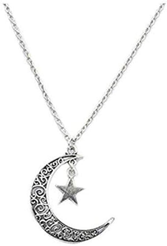 Galaxy Pendant Silver Necklace Stars Colourful Glass Hollow Crescent Moon Space 