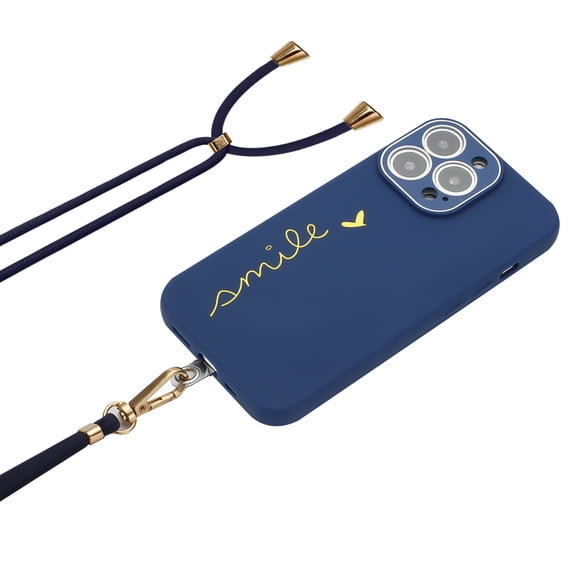 TECH CIRCLE Crossbody Phone Case Fit iPhone 13 Pro Max 6.7 inch,Golden Heart Pattern Shockproof Camera Lens Film Protection Soft Silicone TPU with Lanyard Back Cover.For iPhone 13 Pro Max,Darkblue