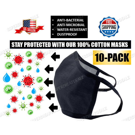 10 Pack - 100% Cotton Face Mask - Washable | Reusable | Three Layers | Unisex - GREY