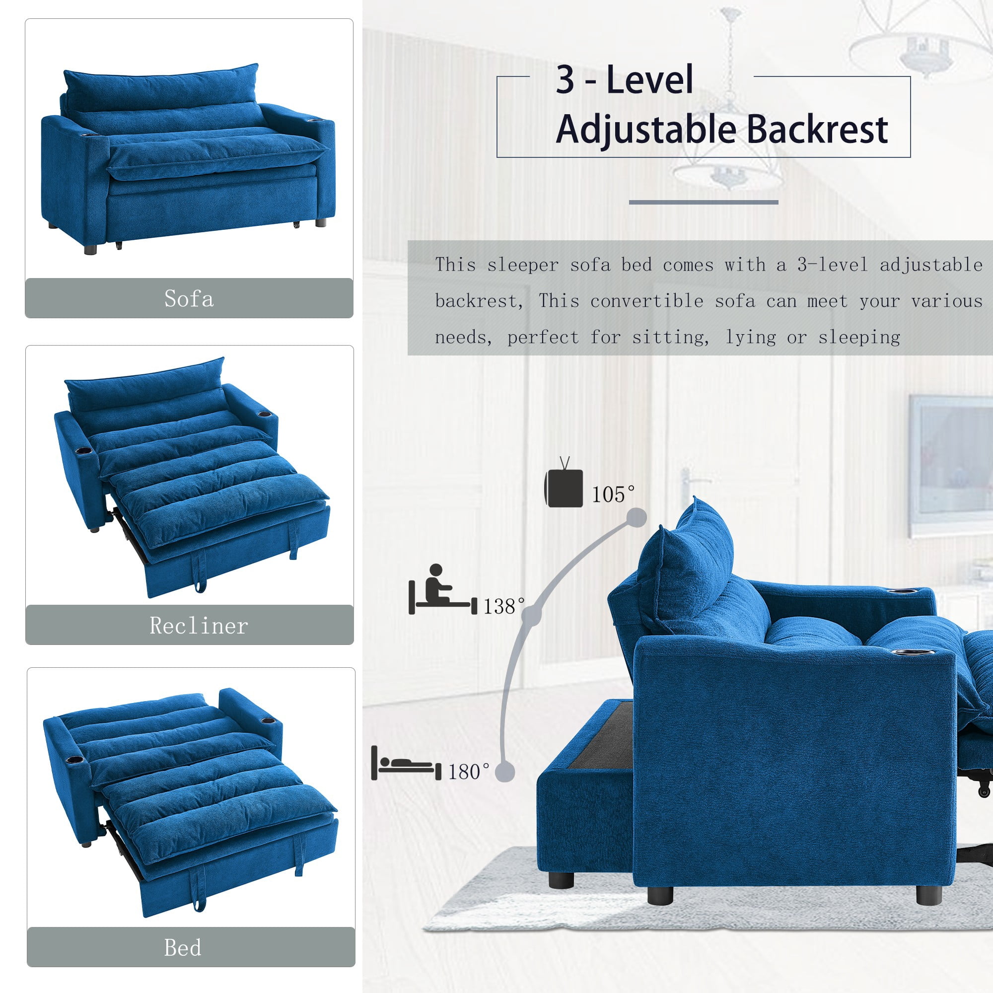 Aukfa 3 in 1 Convertible Pull Out Sofa Bed, Loveseat Sleeper with Thick Pad and Cup Holders for Living Room, Bedroom, Small Space, Blue