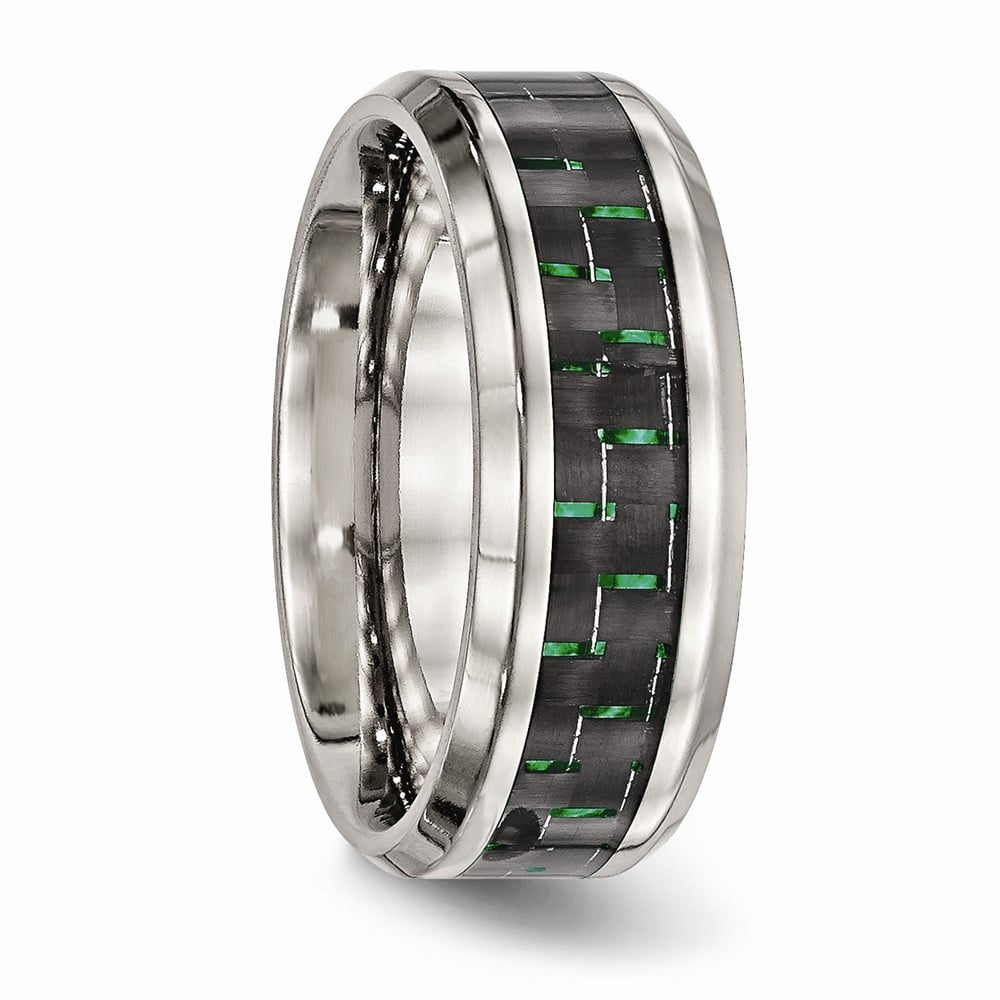 8mm Stainless Steel Polished Black Green Carbon Fiber Inlay Ring - Size 9