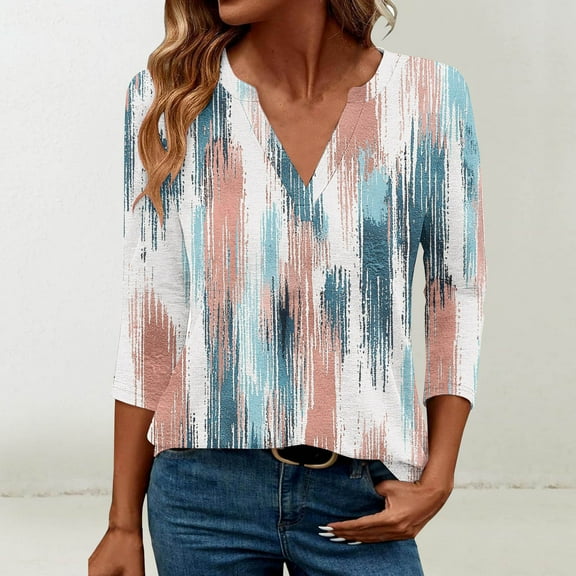 HOMBOM Blue Women Tops 3/4 Sleeve V Neck Pullover Loose Tie-Dye Casual T Shirt