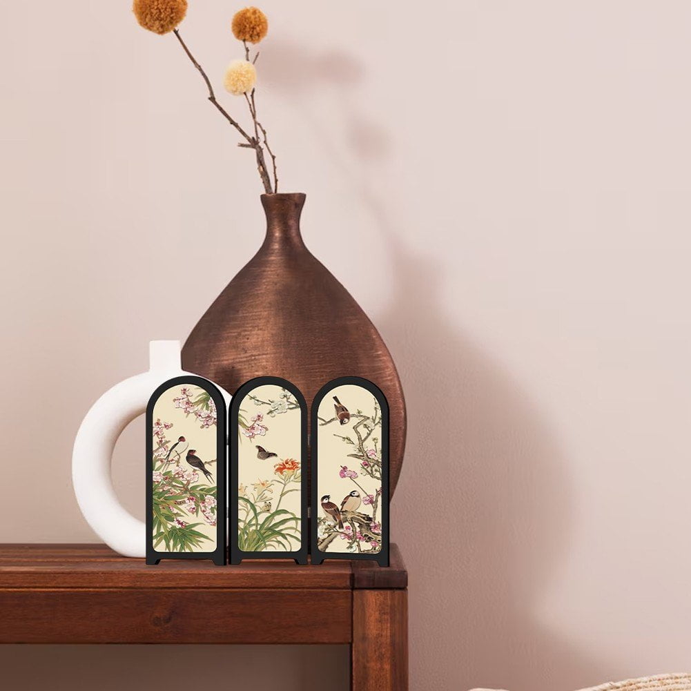 Jiibva Mini Folding Screen, 3 Panel Divider, Chinese Style Vintage Desktop Folding Screen Feng Shui Ornaments for Home Office New Year Decoration