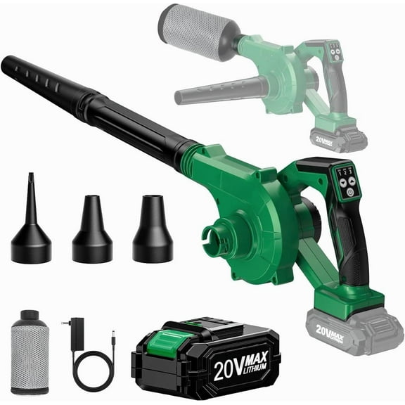 Cordless Leaf Blower and Vacuum Combo 4 In 1, 3 Nozzles for Inflation and Deflation, 190MPH, Control Panel with 3 Speed,20 Inch Extended Tube, 2.0Ah Battery Powered Leaf Blowers for Lawn Care