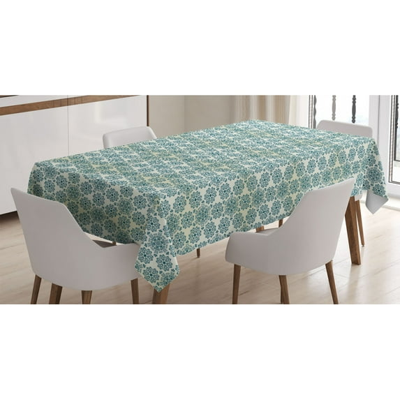 Winter Tablecloth, Mandala Style Floral Round with Damask Elements Retro Graphic Ornaments, Rectangle Satin Table Cover Accent for Dining Room and Kitchen, 60" X 84", Teal Cream, by Ambesonne