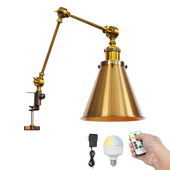 Kiven Battery Operated Clamp Lamp, 1-Light Dimmable Aluminum Nightstand Lamp with Flexible Arm and Remote Control, Industrial Decorative Clip-on Desk Lamp for Office Bedside Bookshelf,Gold