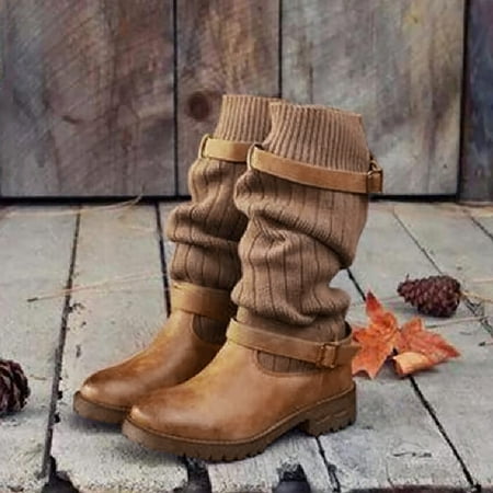 

FZM Women shoes cowboy boots Knitting Keep Toe Retro Middle Booties Strap Shoes Buckle Keep Warm Round Women Warm Women s Boots