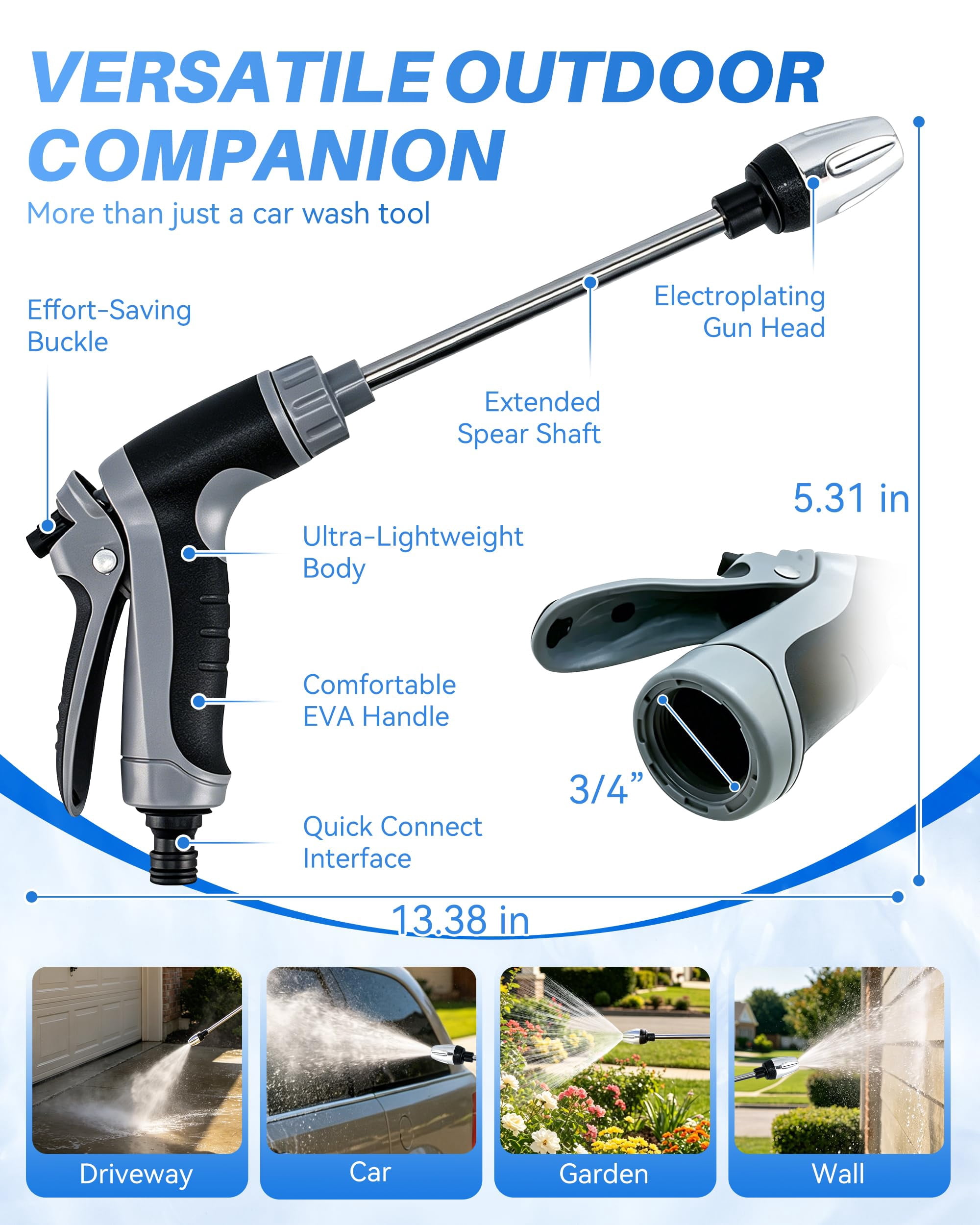 Garden Hose Nozzle Spray Gun, 360° Rotatable High Pressure Cleaner, 3 Adjustable Spray Modes, Fit 3/4" US Standard Hose