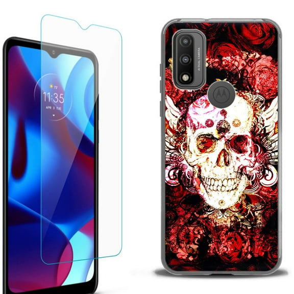 Slim-Fit Protective Phone Case (Black) compatible with Motorola Moto G Pure 5G, with Tempered Glass Screen Protector, by OneToughShield ® - Rose Skull