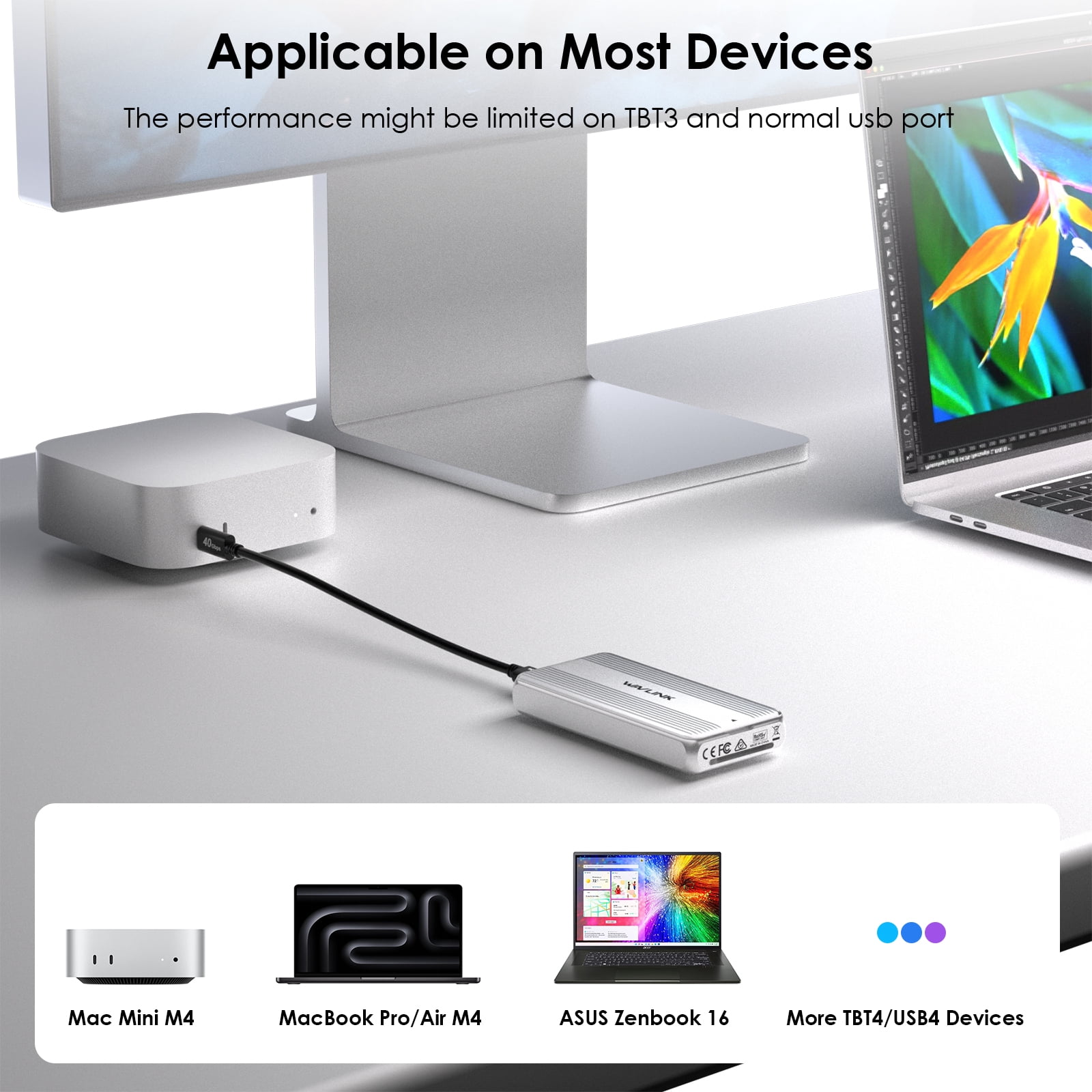 WAVLINK USB SSD Enclosure 40Gbps USB4 PCIe NVMe SSD Enclosure, for 2230/2242/2260/2280 B+M/M-Key PCIe SSD, SSD Case Compatible with MacBook/Mac Mini M4/M3/M2/M1