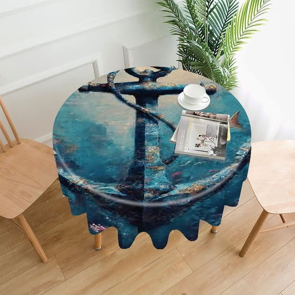 RKSupls 60 Inch Round Tablecloth, Anchor Underwater Fish Premium Polyester Straight Edge Wrinkle Resistant Washable Table Cover for Party Home Dining Decor