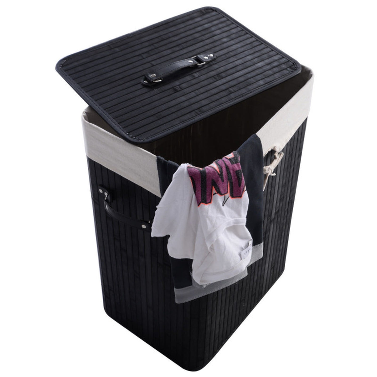 SUGIFT Rectangle Bamboo Laundry Hamper with Lid and Removable Liner, Woven Laundry Basket for Bathroom Bedroom, Black