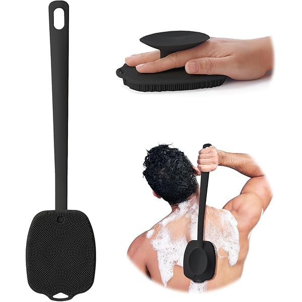 wonima11 Silicone Back Scrubber for Shower, Detachable Long Handle Body Scrub Brush, Shower Brush for Shower Exfoliating and Message, Dual Purpose Overall Cleaning - Black