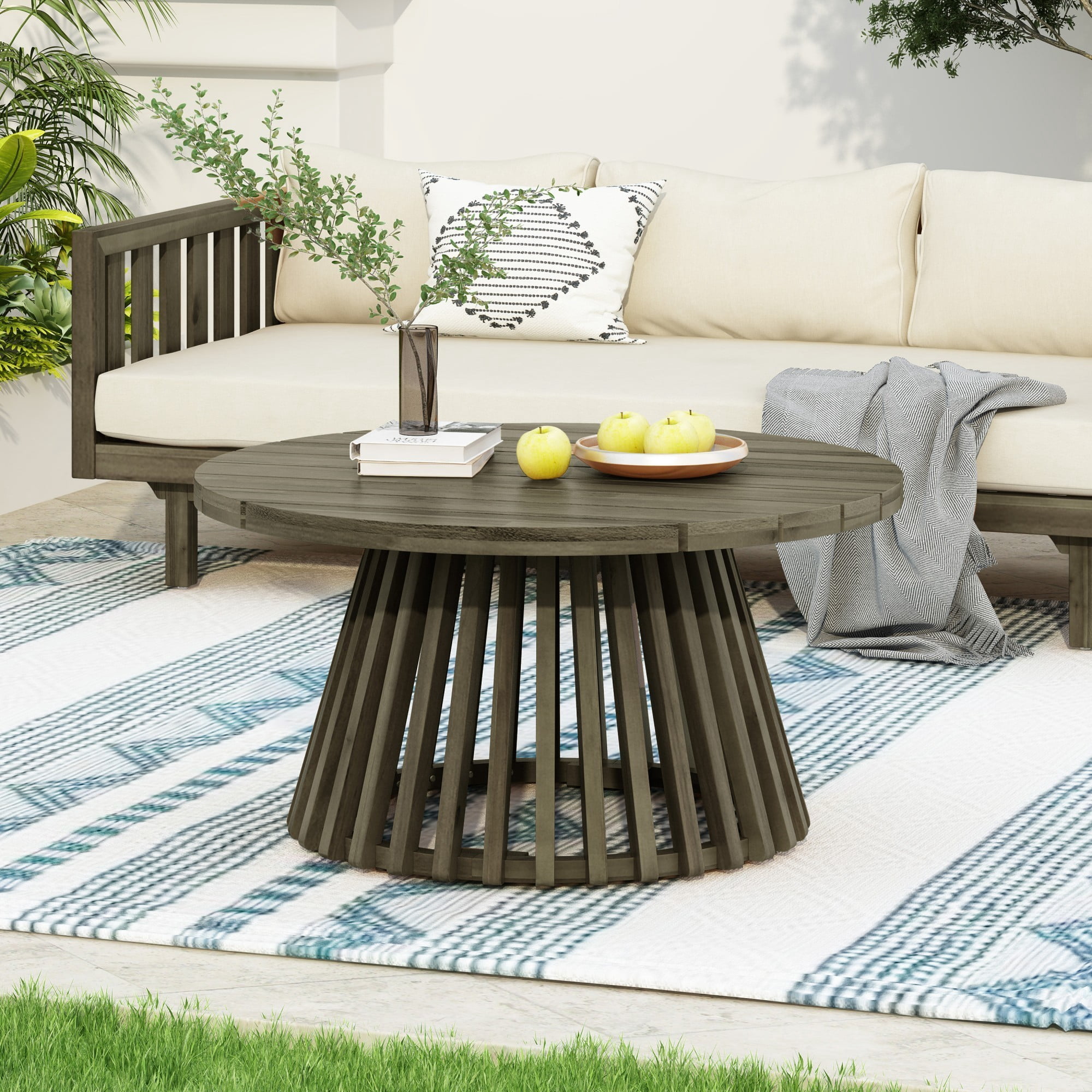 Outdoor Acacia Wood Coffee Table, 31.5" Round Patio Coffee Table for Backyard Balcony Lawn, Weather Resistant Wood Table, Grey