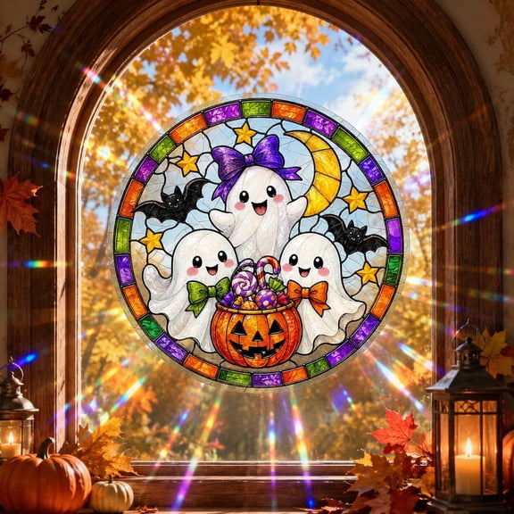 Halloween Window Cling, Stained Glass Ghost Pumpkin Suncatcher Sticker, 11.81 Inch, Reusable No Residue Decal for Home Window Party