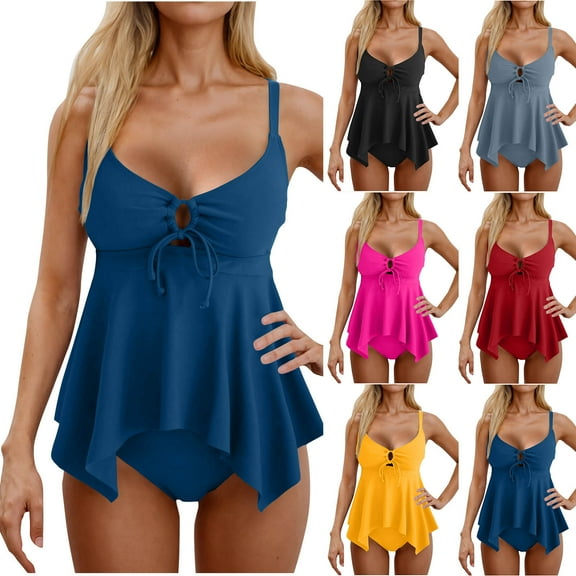 UTSJKR SavingsTankini Swimsuit for Women Tummy Control Two Piece Bathing Suit V Neck Flowy Swimwear Top with Bottom Black S