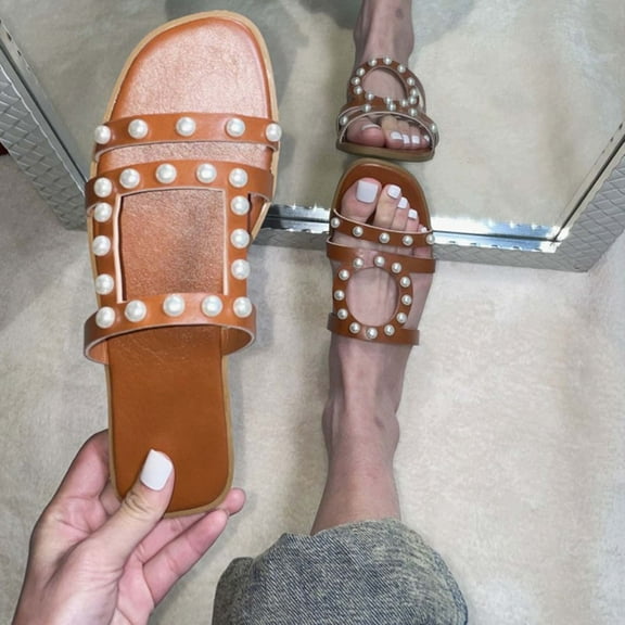 AXXD Women Brown Sandals Summer New Solid Color Pearl Decoration Flat Sandals