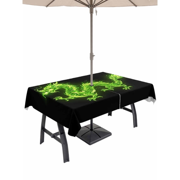 Outdoor Tablecloths with Umbrella Hole & Zipper, Dragon Flames 54x80 Inch Tablecloth Rectangle, Green Dragons Abstract Modern Art Waterproof Table Cloth, Patio/Pool/Picnic Table Covers