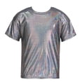 thumbnail image 1 of inhzoy Girls Boys Shiny Metallic Modern Dance Jazz Top Short Sleeve Shirt Dancewear,Sizes 3-16 Black 5-6, 1 of 5