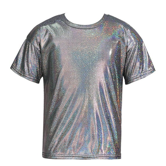 inhzoy Girls Boys Shiny Metallic Modern Dance Jazz Top Short Sleeve Shirt Dancewear,Sizes 3-16 Black 5-6