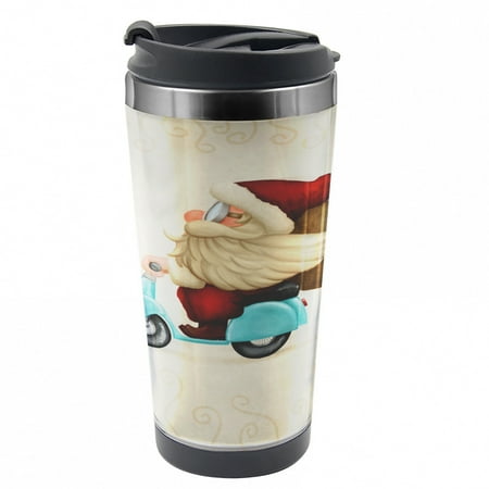 

Christmas Travel Mug Santa on Motorcycle Steel Thermal Cup 16 oz by Ambesonne