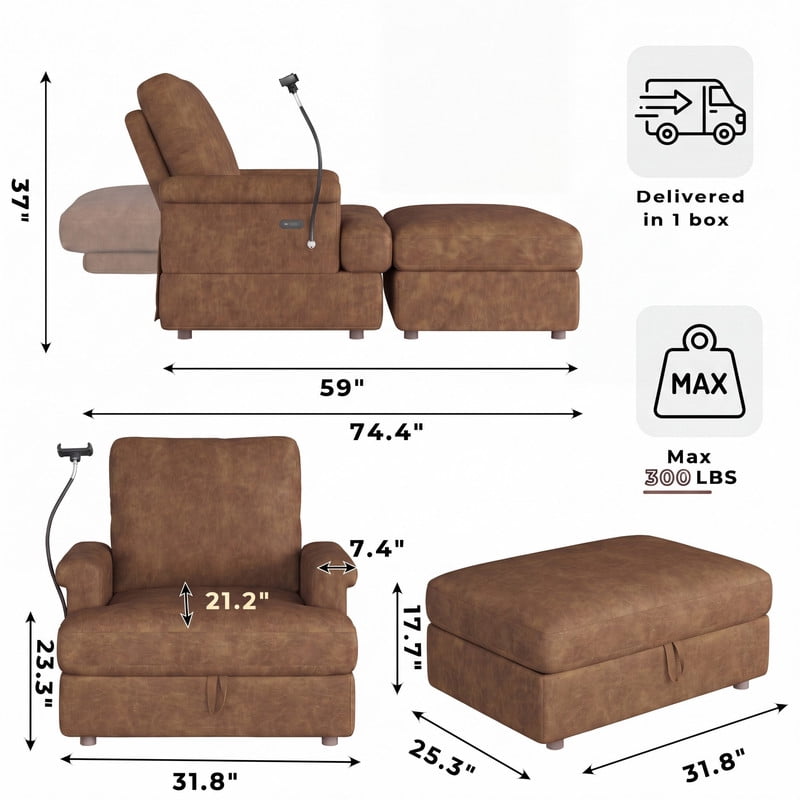 Gewnee 59" Oversized Chaise Lounge Chair Indoor with Ottoman, USB Ports&Phone Holder, Adjustable Indoor Lounge Chair for Living Room, Brown