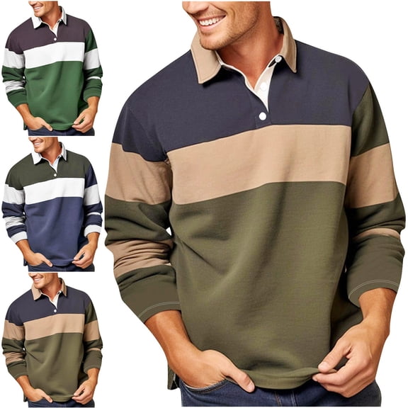 Zivyakyron Fall Polo T Shirts for Men Long Sleeve Knit Button Rugby Loose Shirt Vintage Colorblock Collared Green L