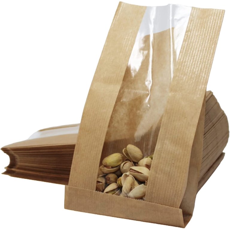Gere Bakery Bags with Window, 7.1x7.5 inch, 100 Pack, Grease Resistant, Heat-Sealable, Pastry Bags, Kraft Paper Food Bags for Cookies, Donuts