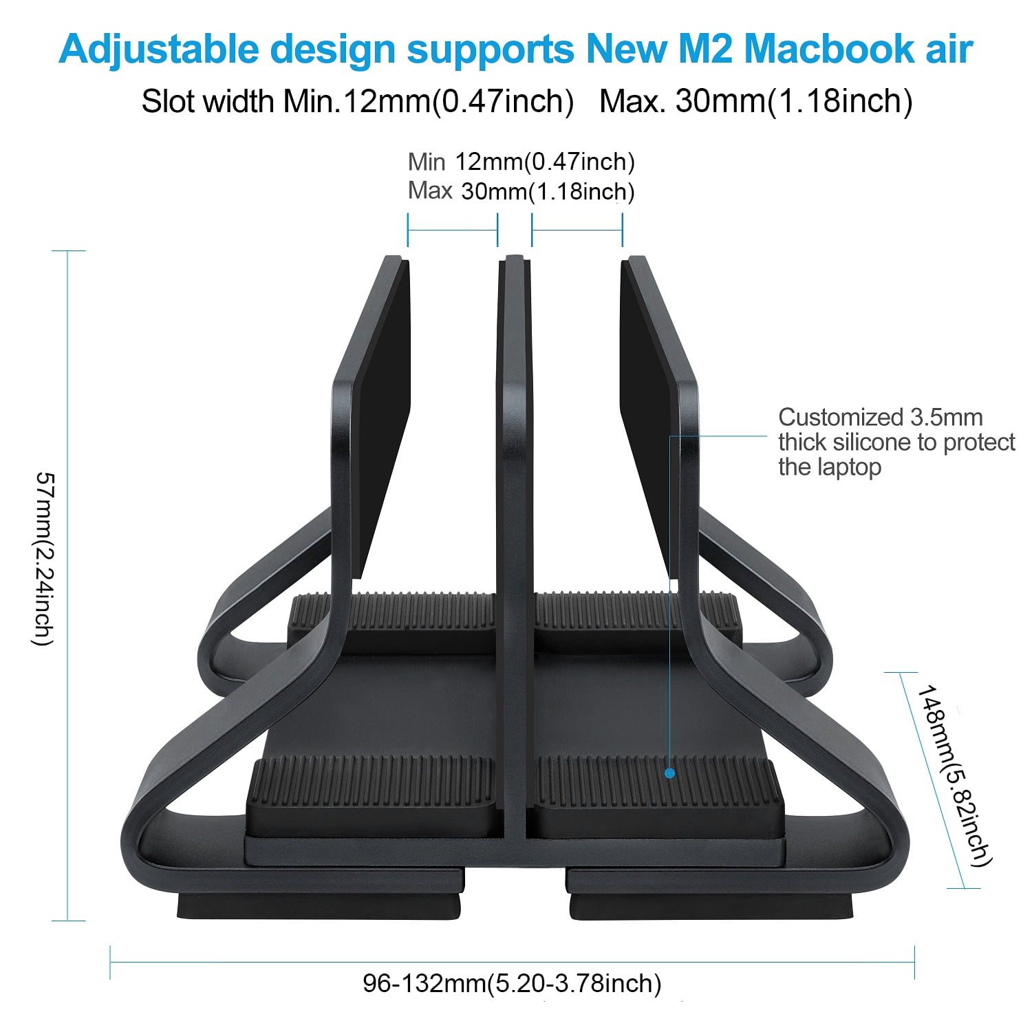 Laptop Stand Vertical Tool-Free Adjustable Aluminum Vertical Laptop Stand Holder Width From 0.47-1.18inch(12~30mm), Fits for All MacBook and Laptop Black 2 Slots