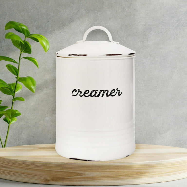 AuldHome Enamelware White Creamer Canister; Rustic Distressed