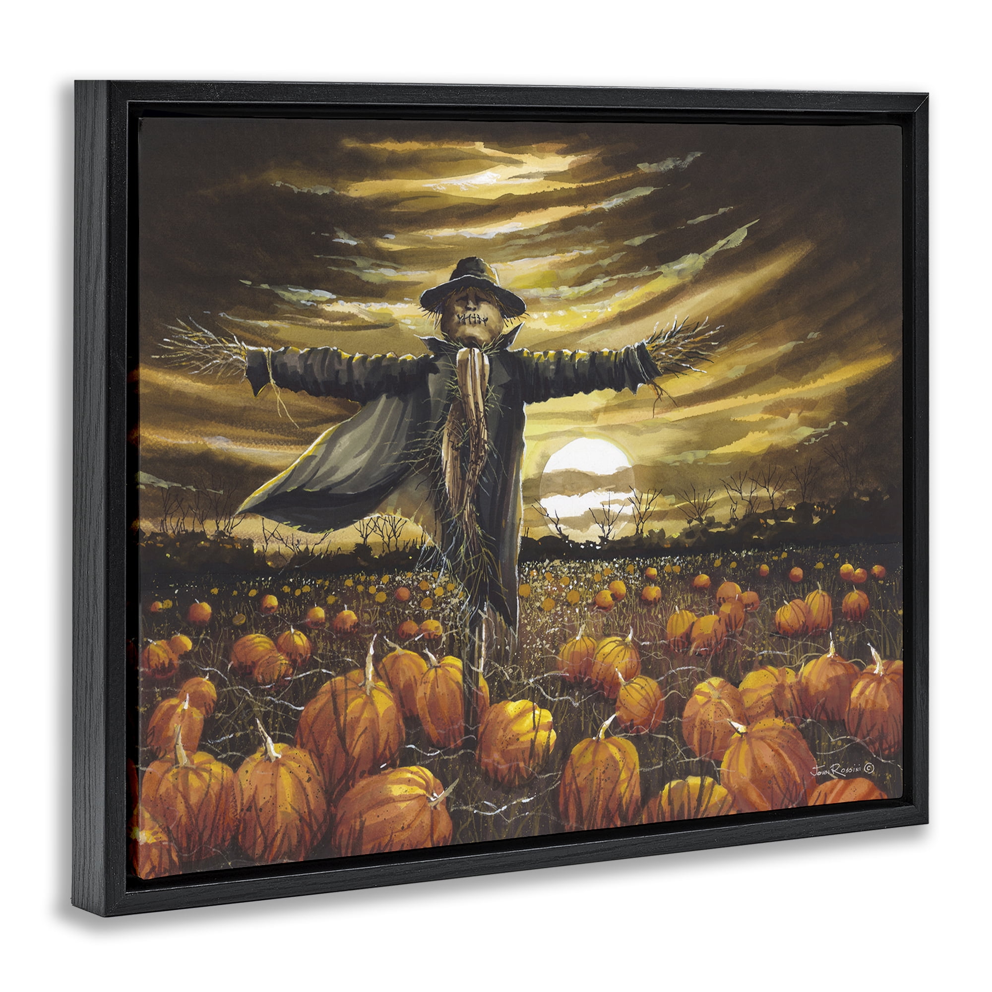Stupell Industries Scarecrow in Pumpkin Field Holiday Painting Black Floater Framed Canvas Art Print Wall Art, 21 x 17