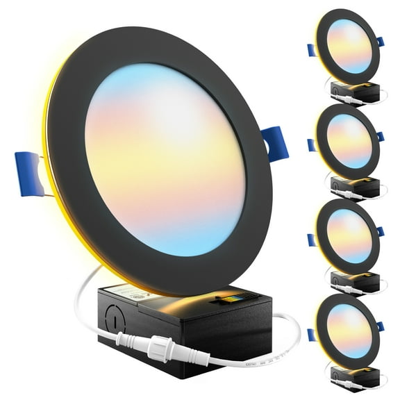 Sunco Black Recessed Lights 6 Inch LED, Canless with Night Light, Wafer Thin, 1500 Lumens, Selectable CCT 2700K/3000K/4000K/5000K/6000K, Dimmable, 12W, with Junction Box UL/ETL 4 Pack