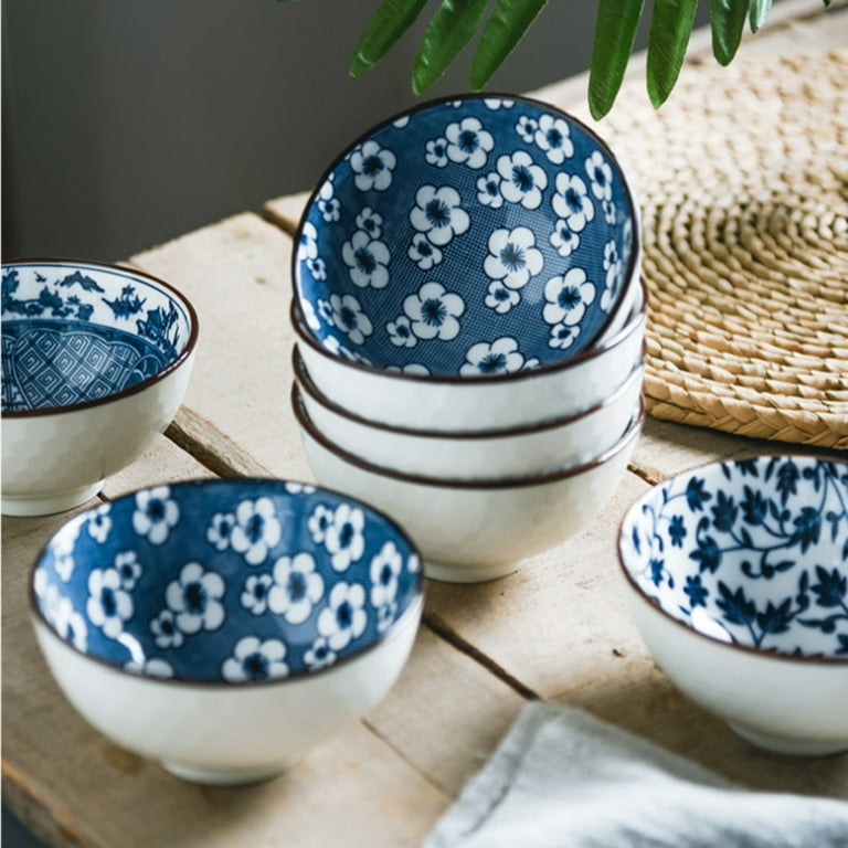 4.5 inch Ceramic Rice Bowl 4 Piece Set Hand Painted Blue Flower